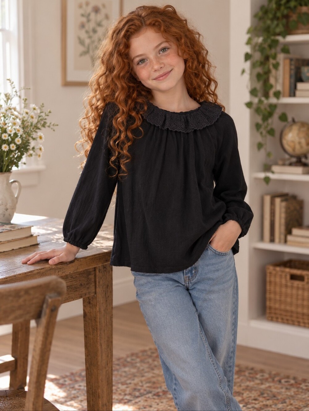 Zara Girls Black Eyelet Peter Pan Collar Top Size 11/12 Gothic Preppy Cotton